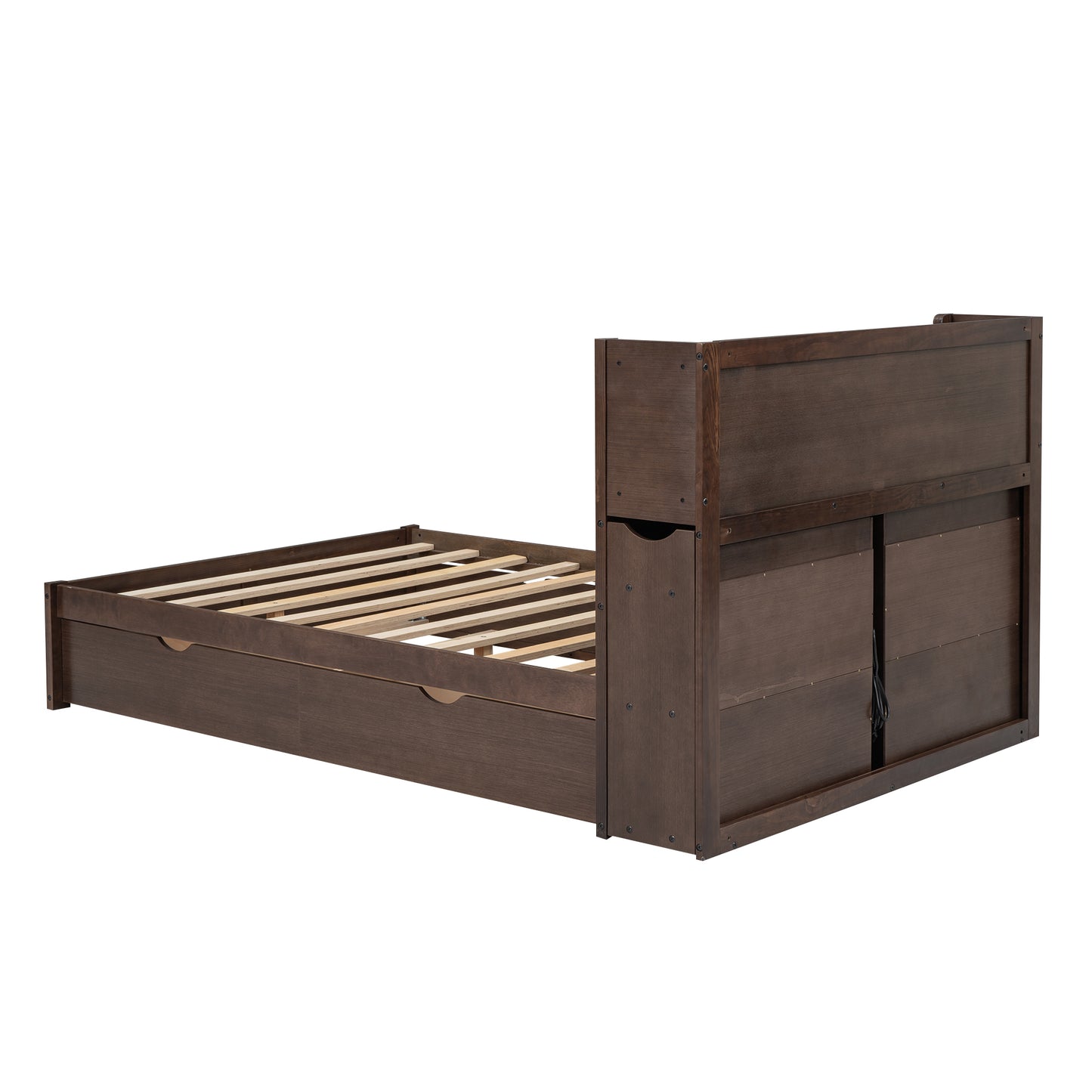 Full Size Storage Platform Bed with Pull Out Shelves, Twin Size Trundle and 2 Drawers, Espresso