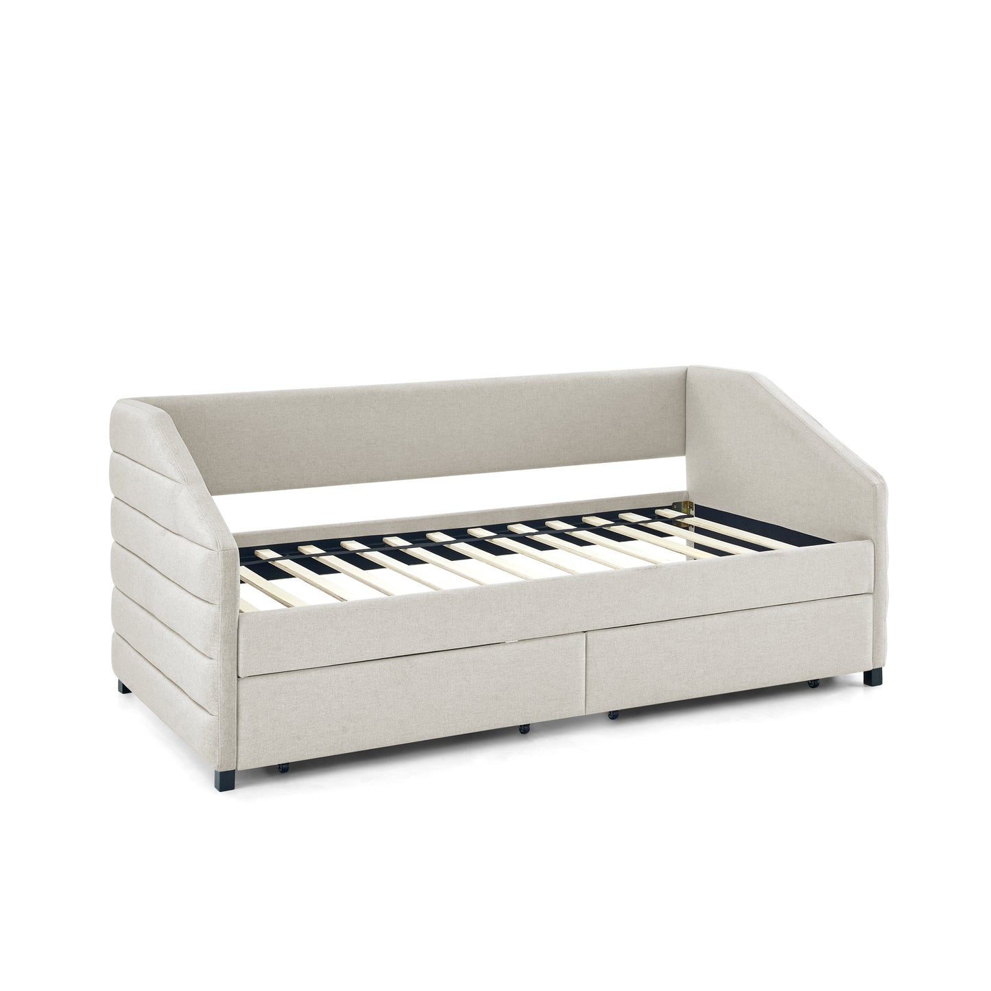 Twin Size Upholstered Tufted Daybed with Two Drawers, Linen Fabric, Beige (82.5"x42.5"x34")