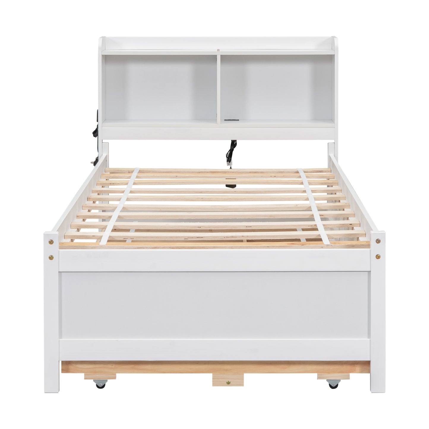 Twin Size Platform Bed with Built-in USB ,Type-C Ports, LED light, Bookcase Headboard, Trundle and 3 Storage Drawers, White