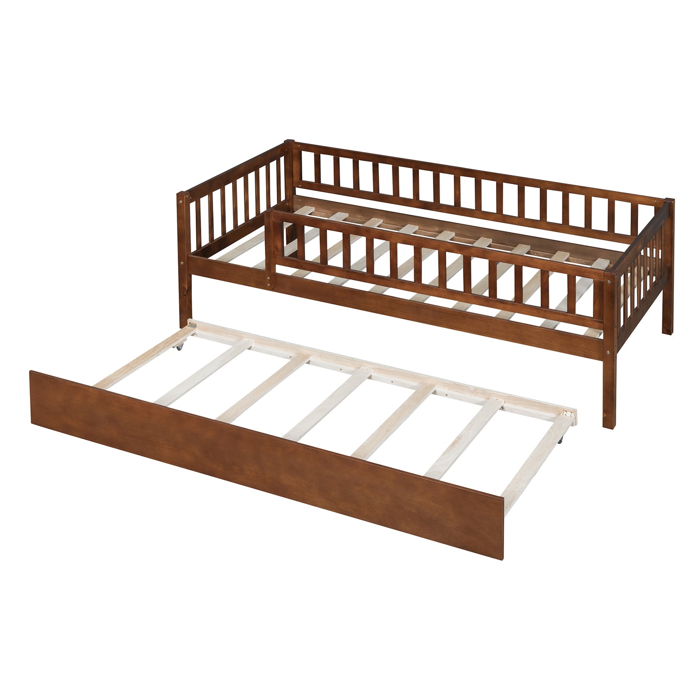 Twin Size Wood Daybed with Trundle and Fence Guardrails, Walnut