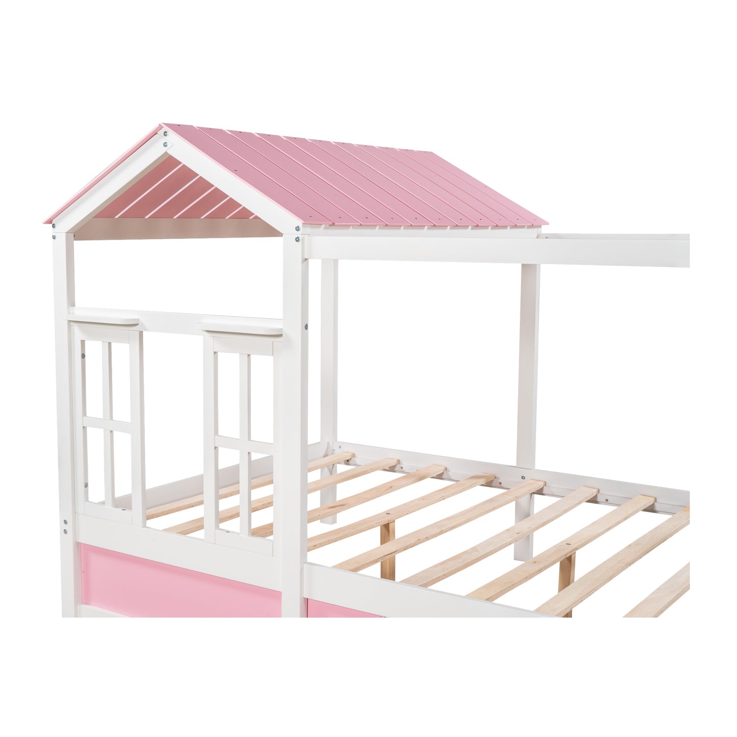 Full Size House Platform Bed with Roof, Window and Drawer - Pink + White