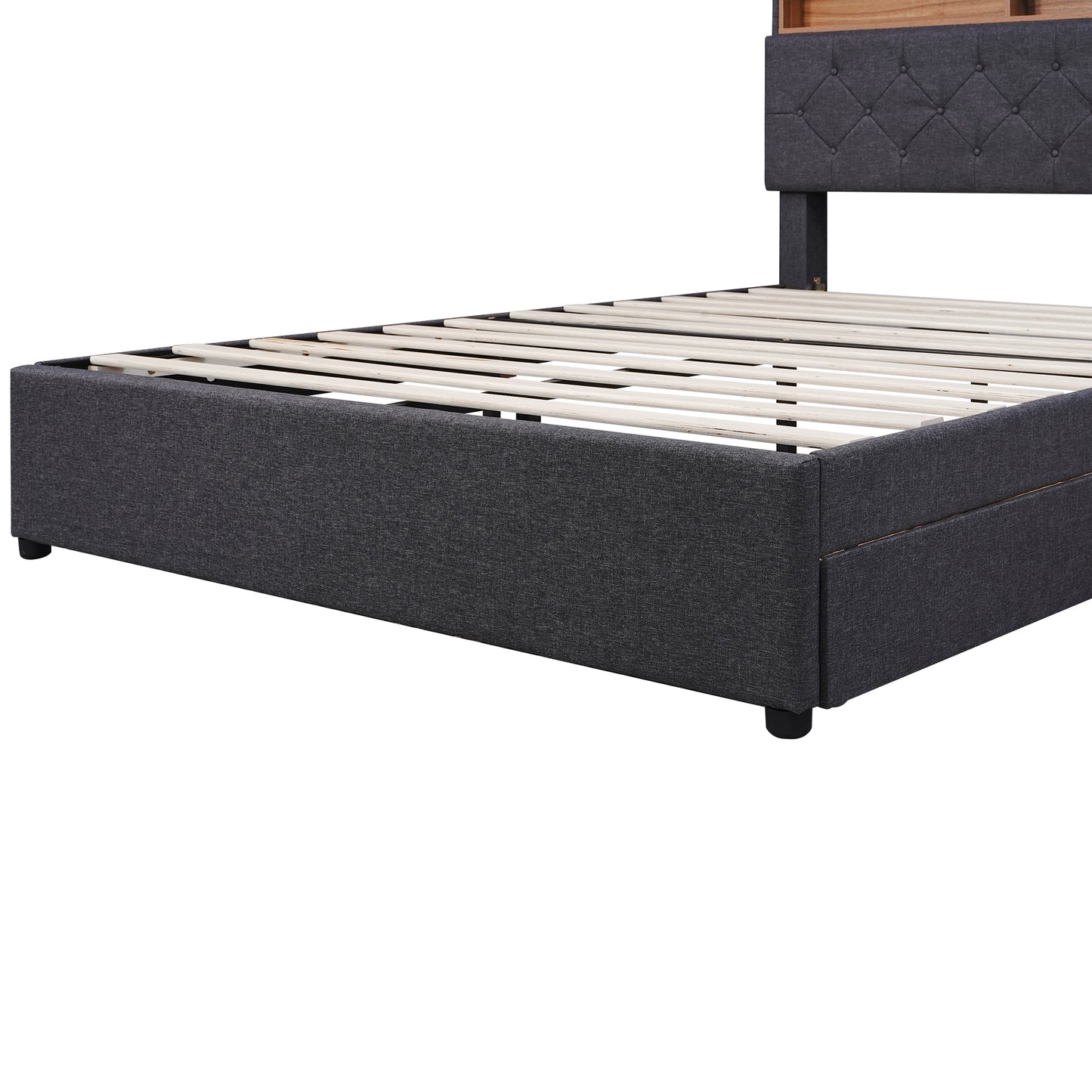 Full Size Upholstered Platform Bed with Storage Headboard, LED, USB Charging and 2 Drawers, Dark Gray