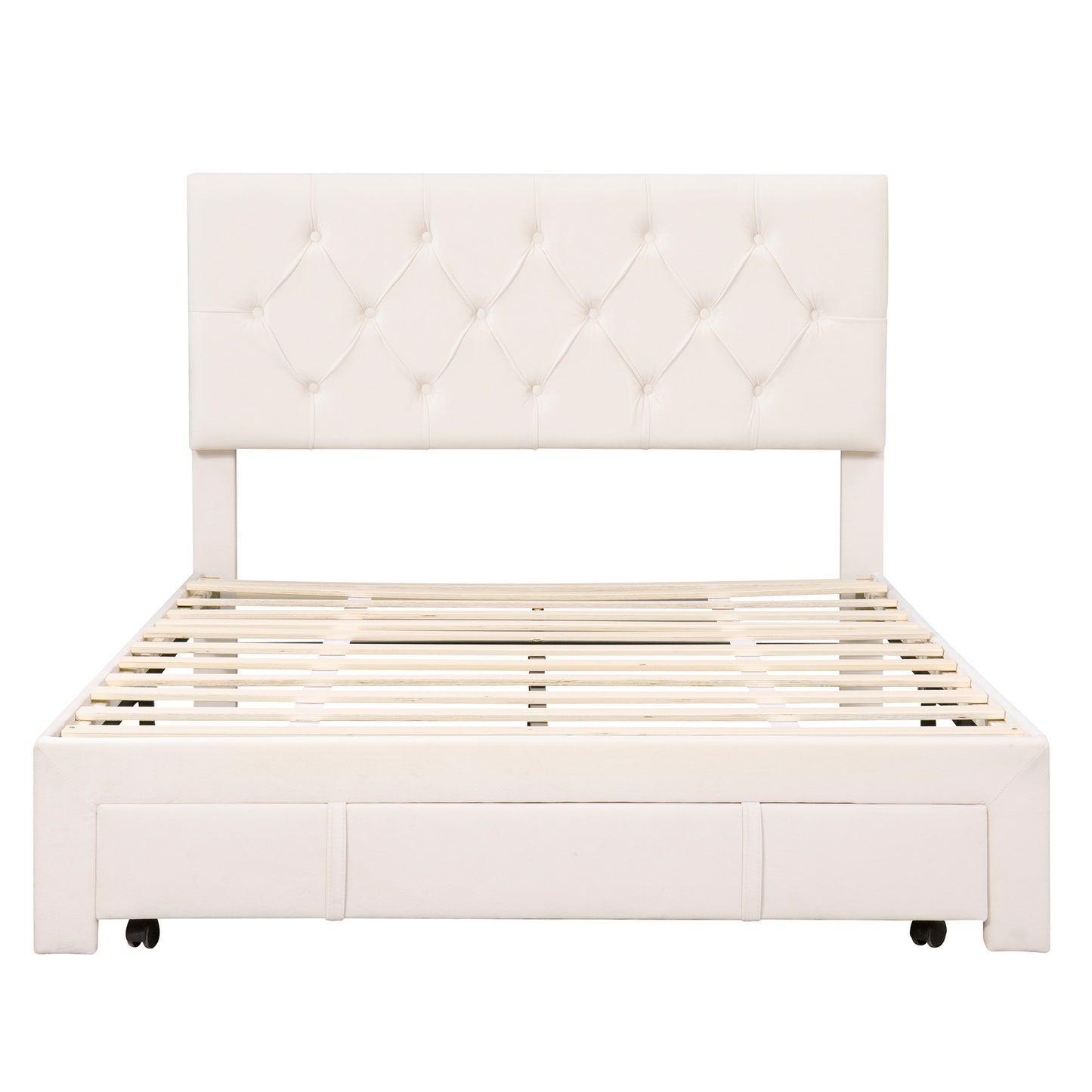 Full Size Storage Bed Velvet Upholstered Platform Bed with a Big Drawer - Beige
