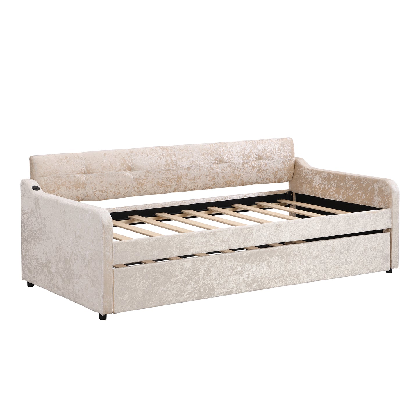 Twin Size Snowflake Velvet Daybed with Trundle and USB Charging Design,Beige