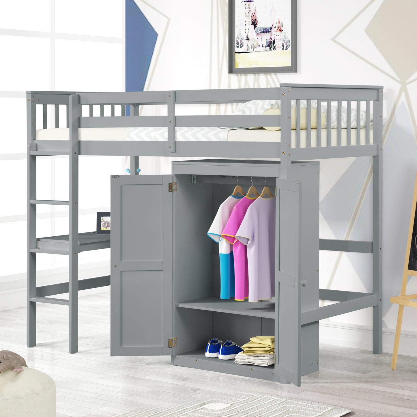 TWIN LOFT BED WITH DESK AND WARDROBE FOR GREY COLOR
