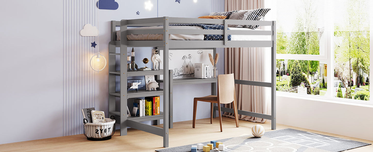 Full Size Wooden Loft Bed with Shelves, Desk and Writing Board - Gray