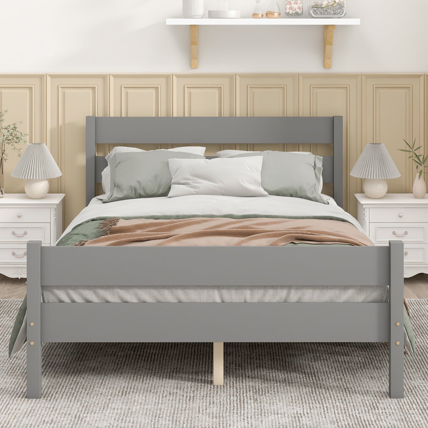 Full Upholstered Platform Bed with Headboard and Footboard, Grey