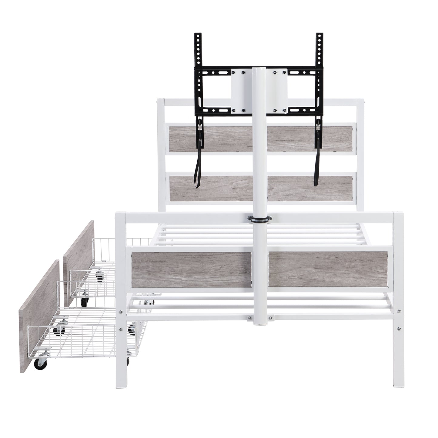 Twin Size Metal Platform Bed with MDF Headboard and Footboard,Two Storage Drawers and Rotatable TV Stand,White