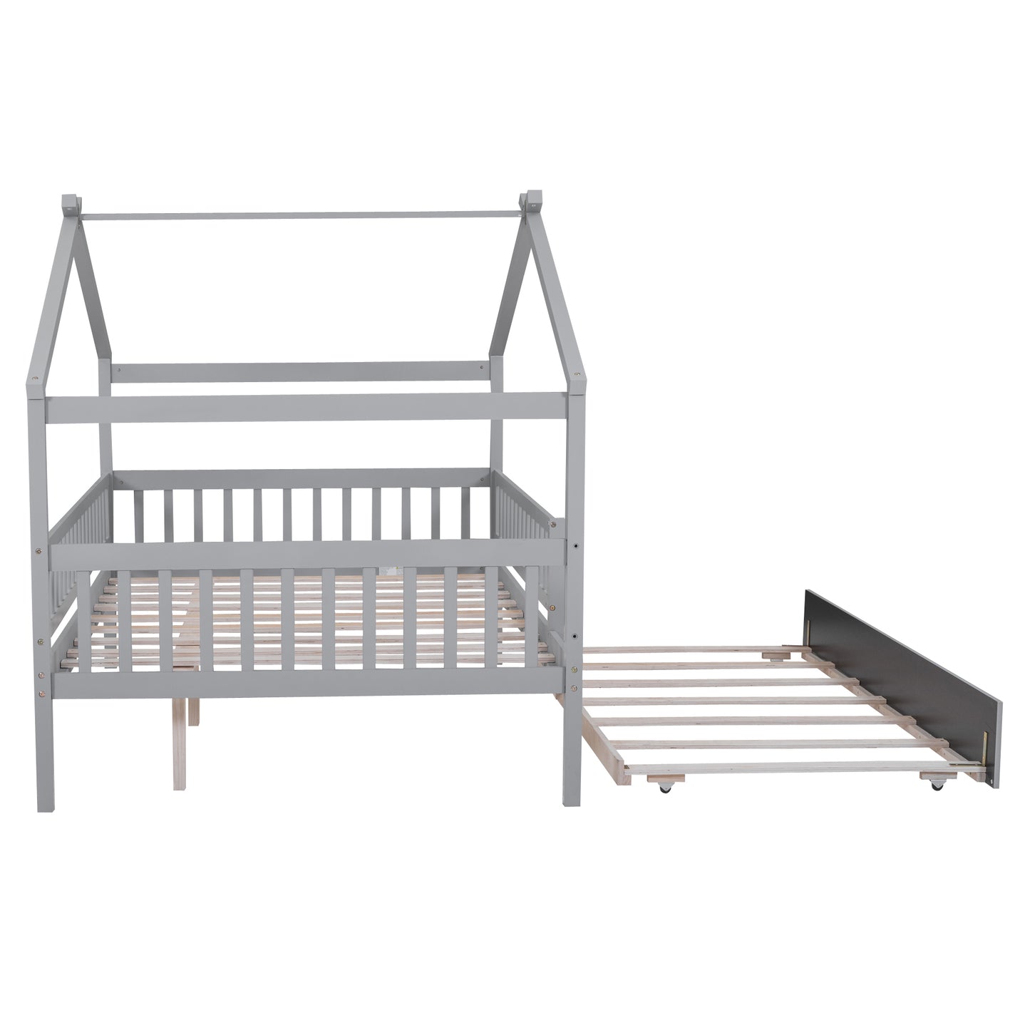 Full Size Wooden House Platform Bed with Twin Size Trundle, Gray