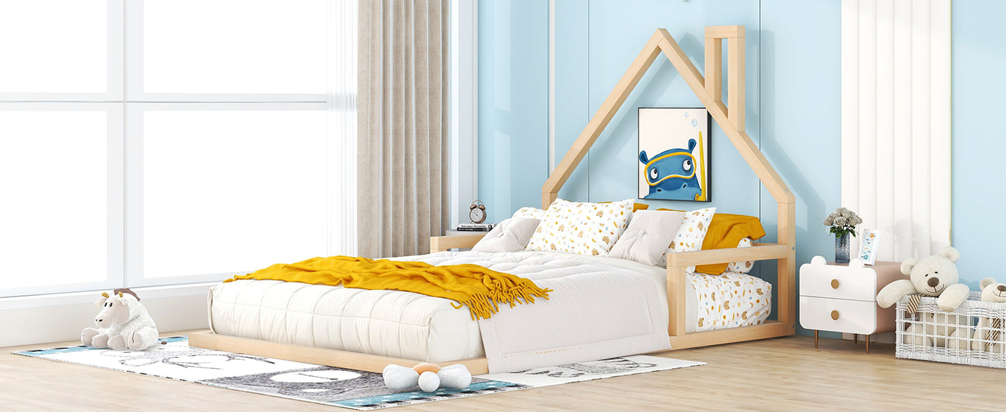 Full Size Wood Floor Platform Bed with House-shaped Headboard, Natural