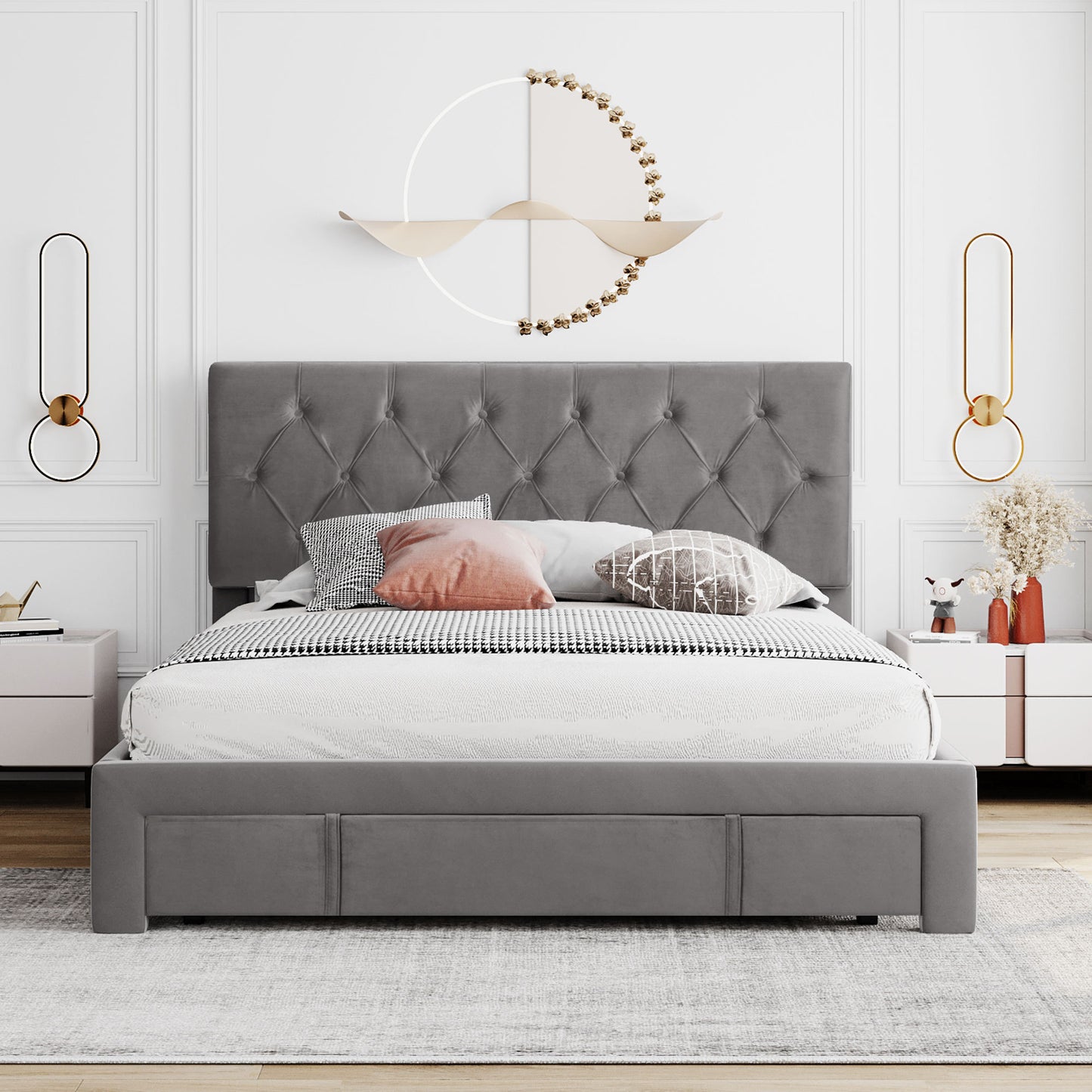 Queen Size Storage Bed Velvet Upholstered Platform Bed with a Big Drawer - Grey