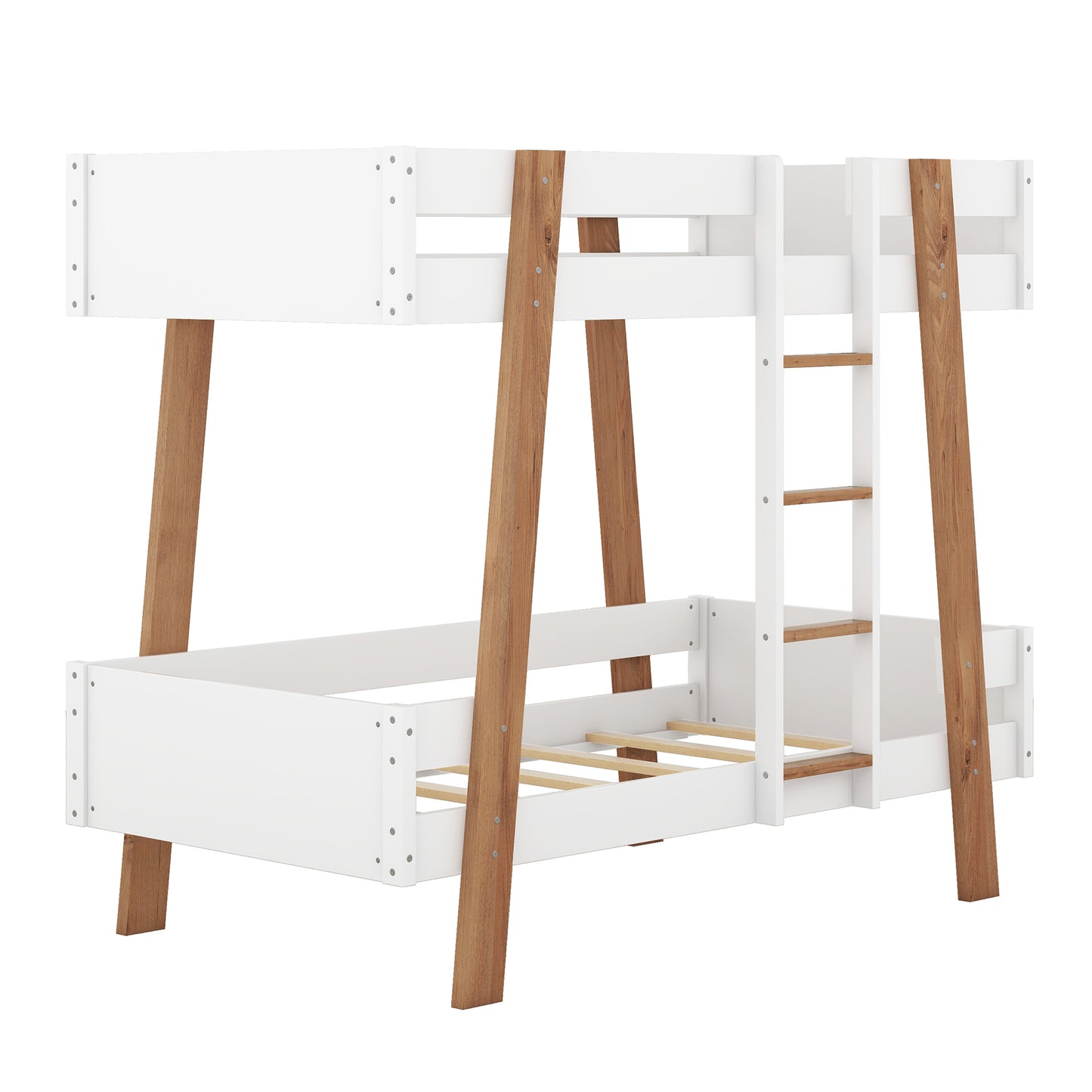 Wood Twin Size Bunk Bed with Built-in Ladder and 4 Wood Color Columns, White
