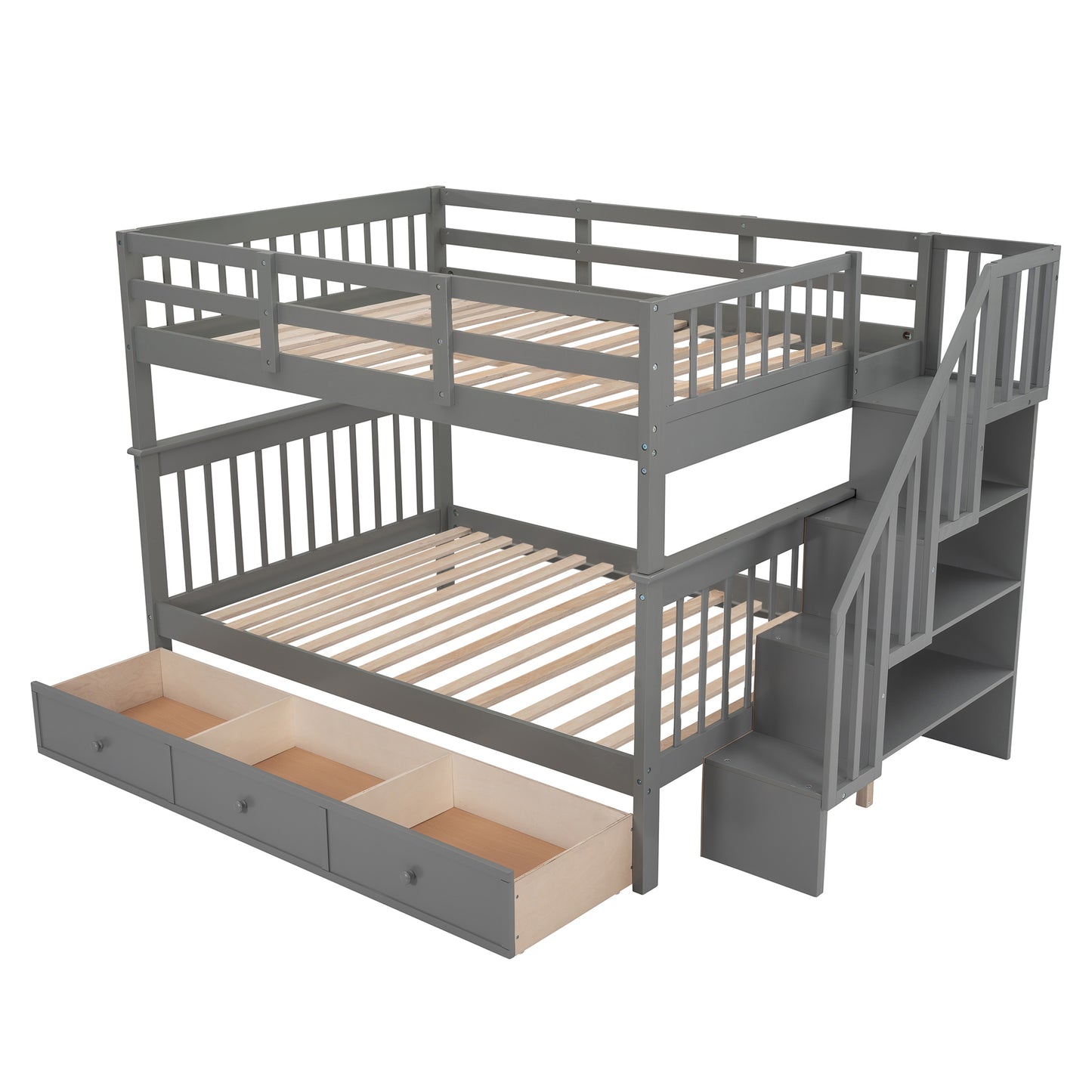 Stairway Full-Over-Full Bunk Bed with Drawer, Storage and Guard Rail for Bedroom, Gray color