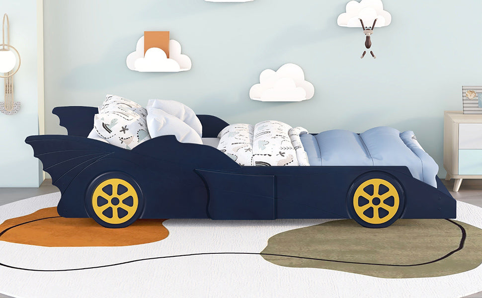 Twin Size Race Car-Shaped Platform Bed with Wheels,Blue+Yellow