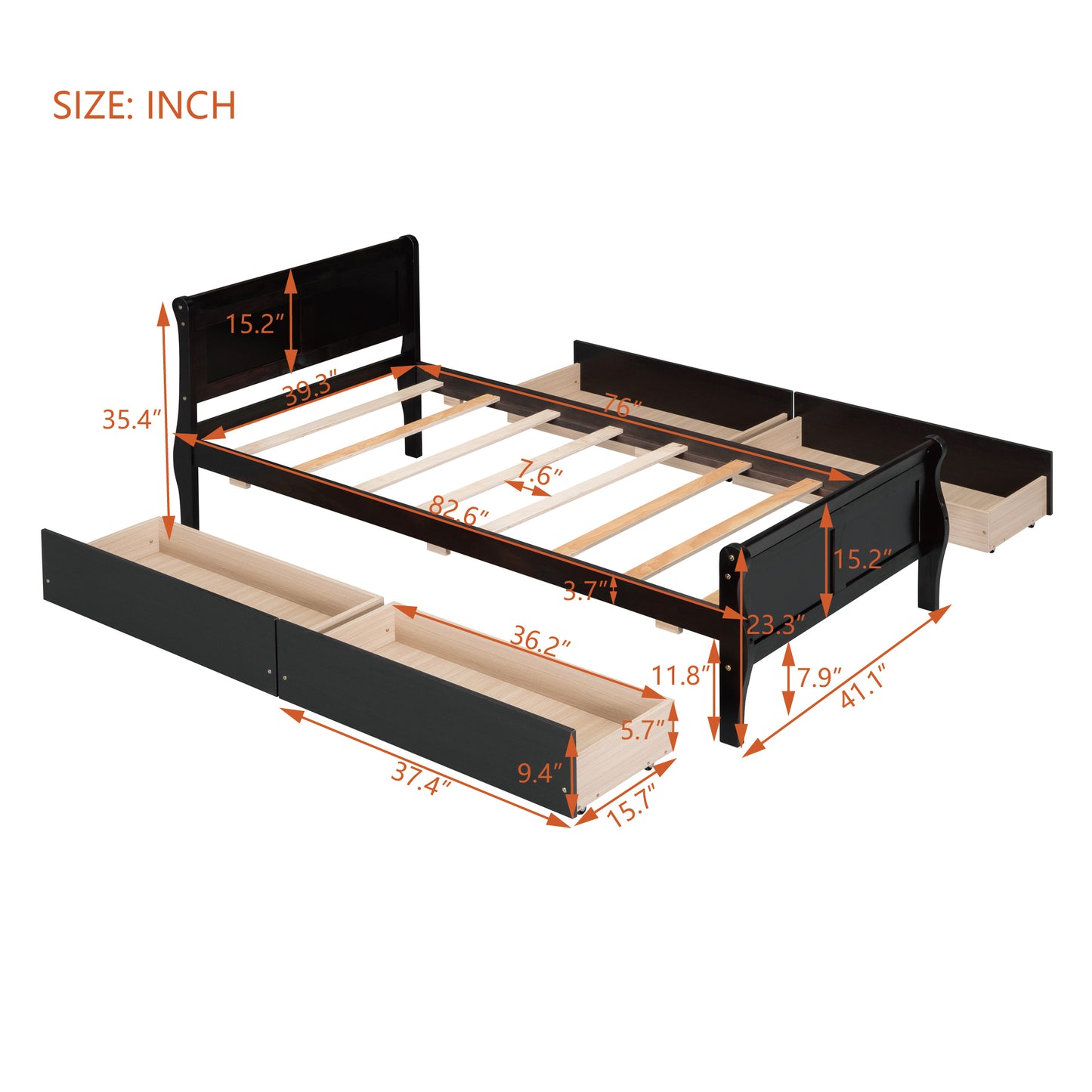 Twin Size Wood Platform Bed with 4 Drawers and Streamlined Headboard & Footboard, Espresso