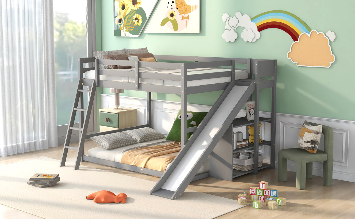 Full over Full Bunk Bed with Ladder, Slide and Shelves, Gray