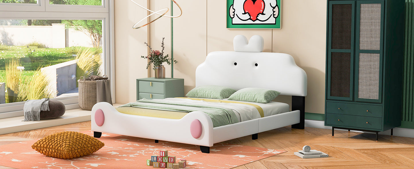 Full Size Upholstered Platform Bed with Cartoon Headboard and Footboard, White+Pink