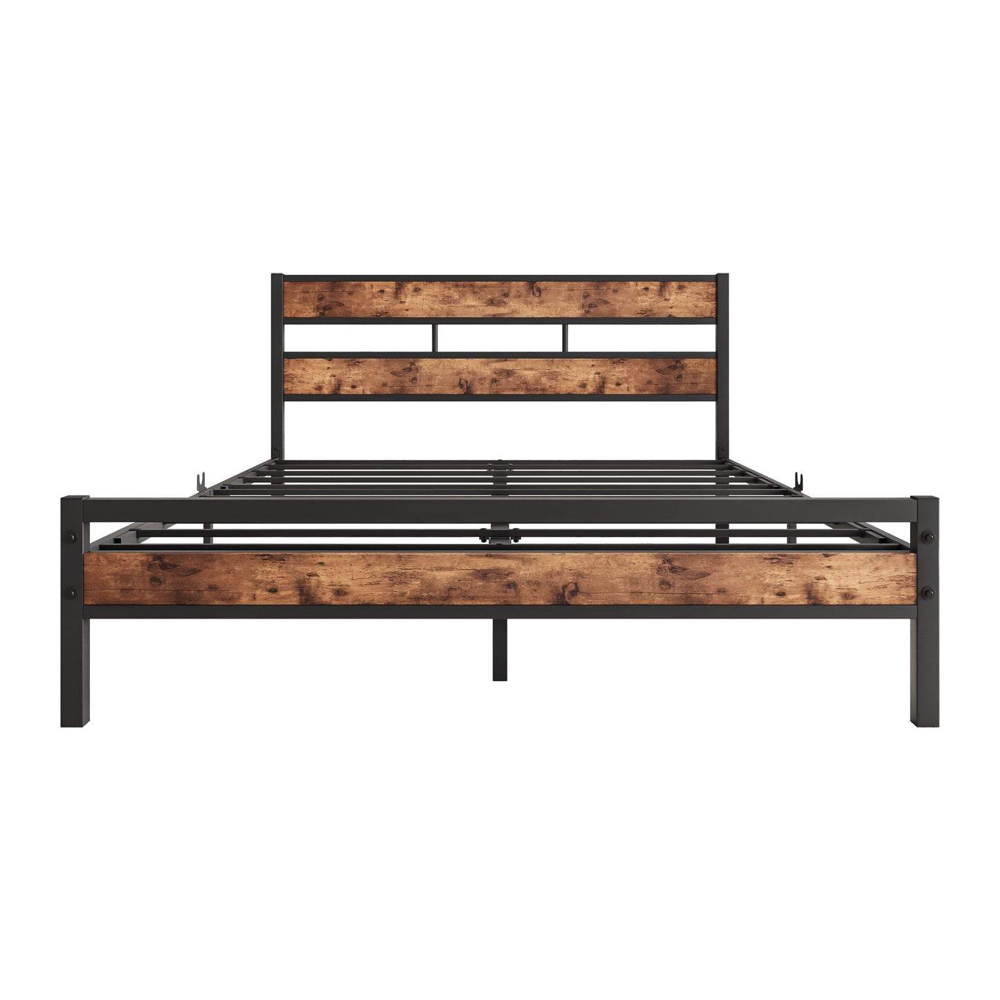 Queen Size Platform Bed Frame with Rustic Vintage Wood Headboard, Strong Metal Slats Support, No Box Spring Needed