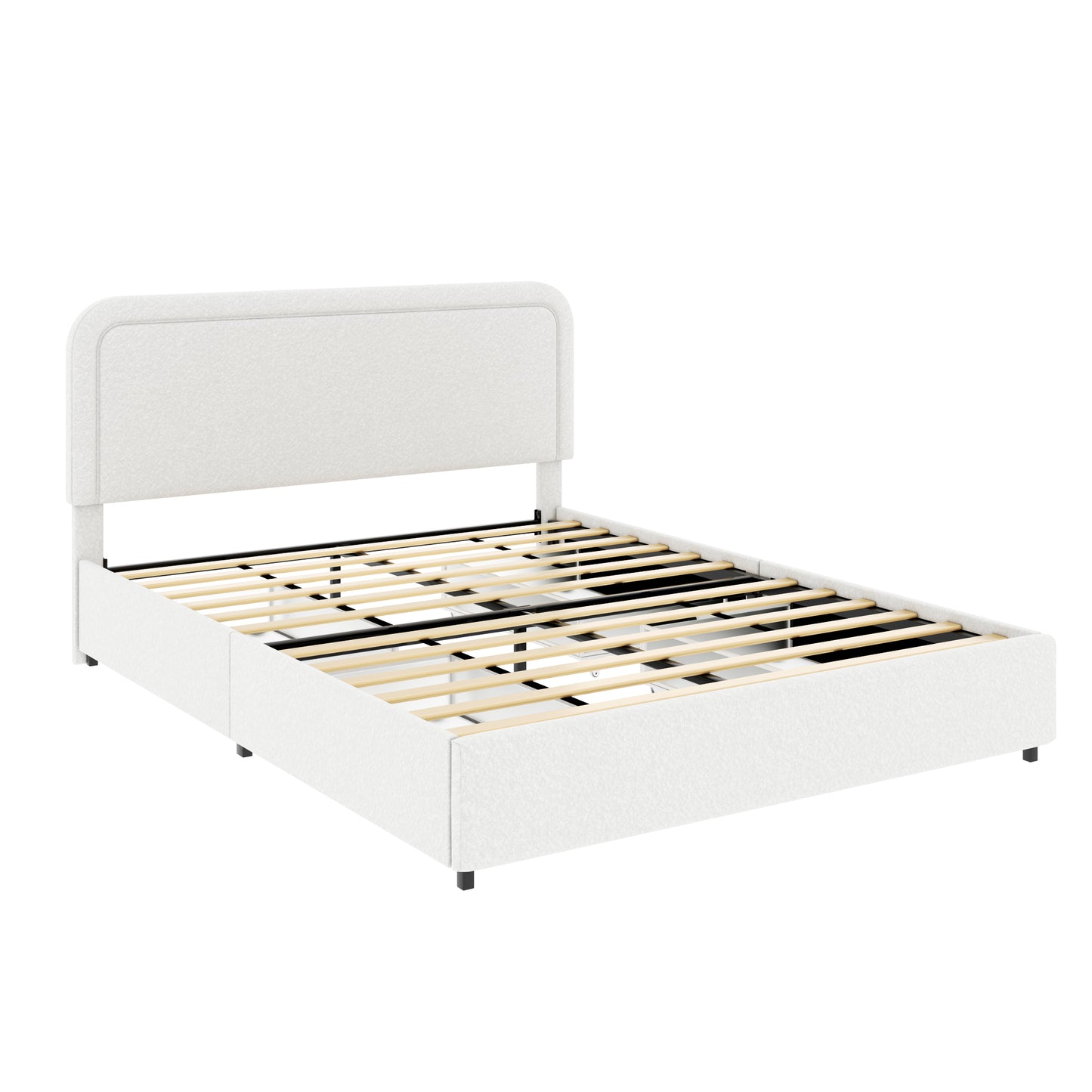 Liv Queen Size Ivory Boucle Upholstered Platform Bed with Patented 4 Drawers Storage, Curved Stitched Tufted Headboard, Wooden Slat Mattress Support, No Box Spring Needed