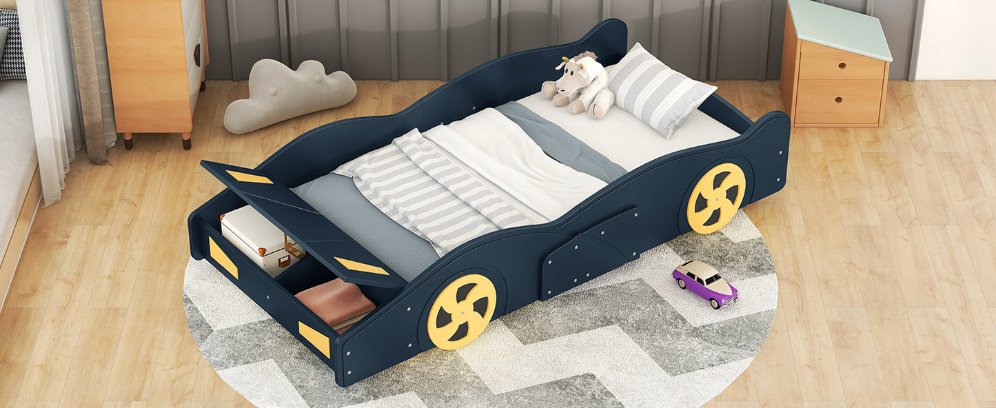 Twin Size Race Car-Shaped Platform Bed with Wheels and Storage, Dark Blue+Yellow