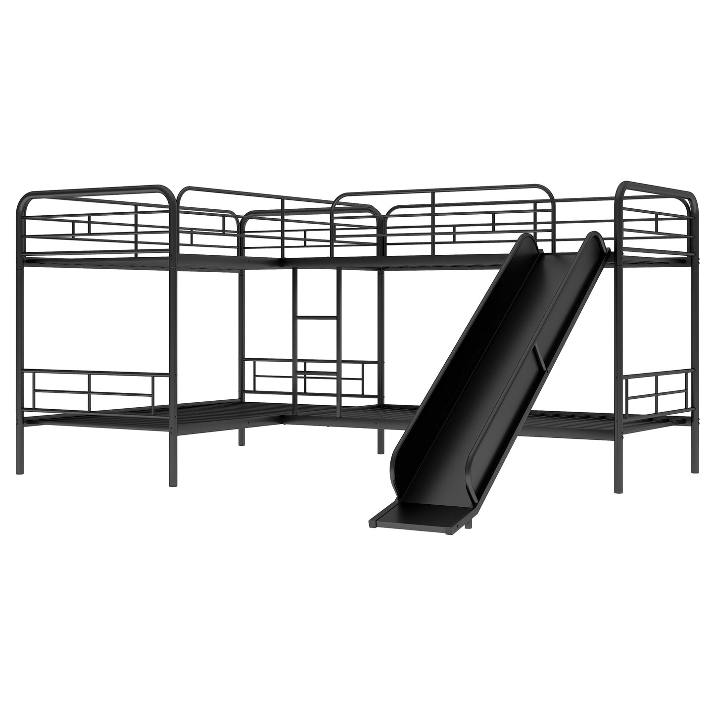 Twin Size L-Shaped Bunk Bed with Slide and Ladder, Black