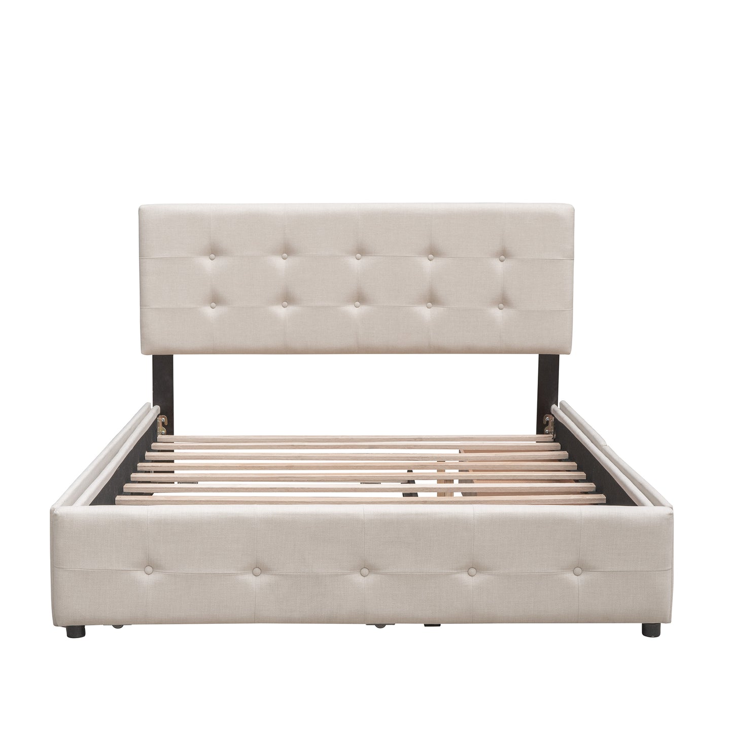Upholstered Platform Bed with 2 Drawers and 1 Twin XL Trundle,  Linen Fabric, Queen Size - Dark Beige