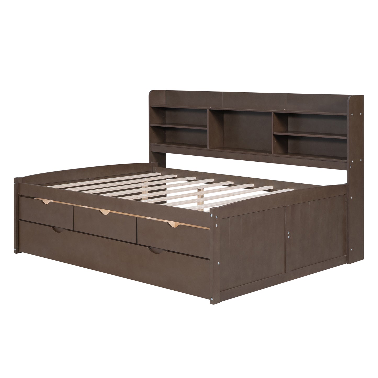 Full Size Wooden Captain Platform Bed with Built-in Bookshelves,Three Storage Drawers and Trundle,Antique Grey