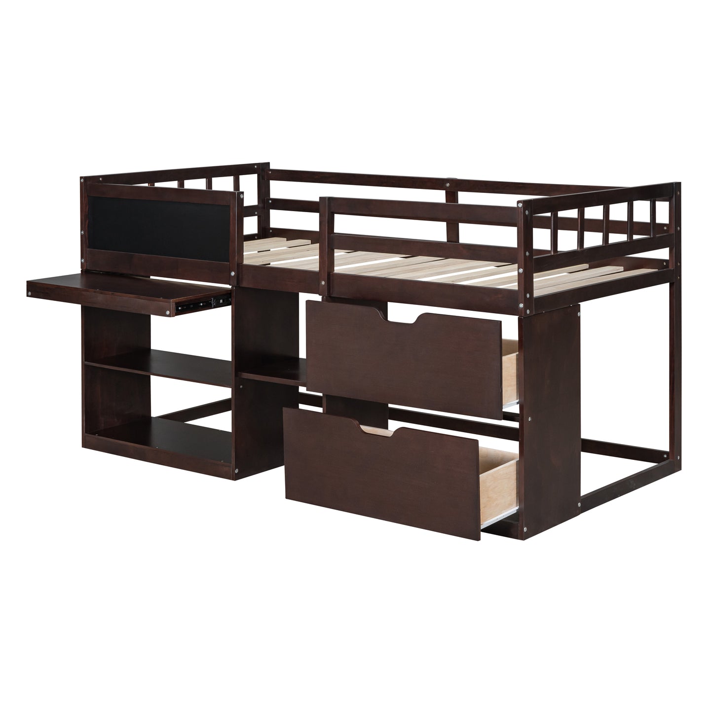 Twin Size Low Loft Bed with Rolling Desk, Shelf and Drawers - Espresso