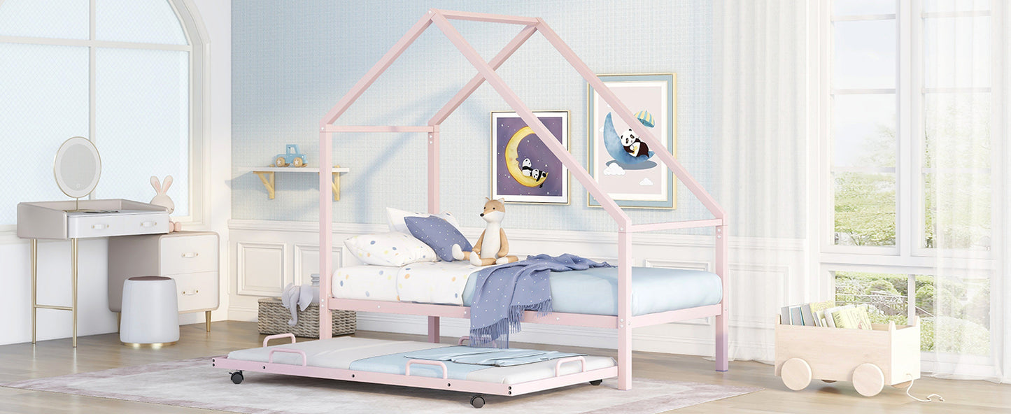 Twin Metal House Platform Bed With Trundle, Pink