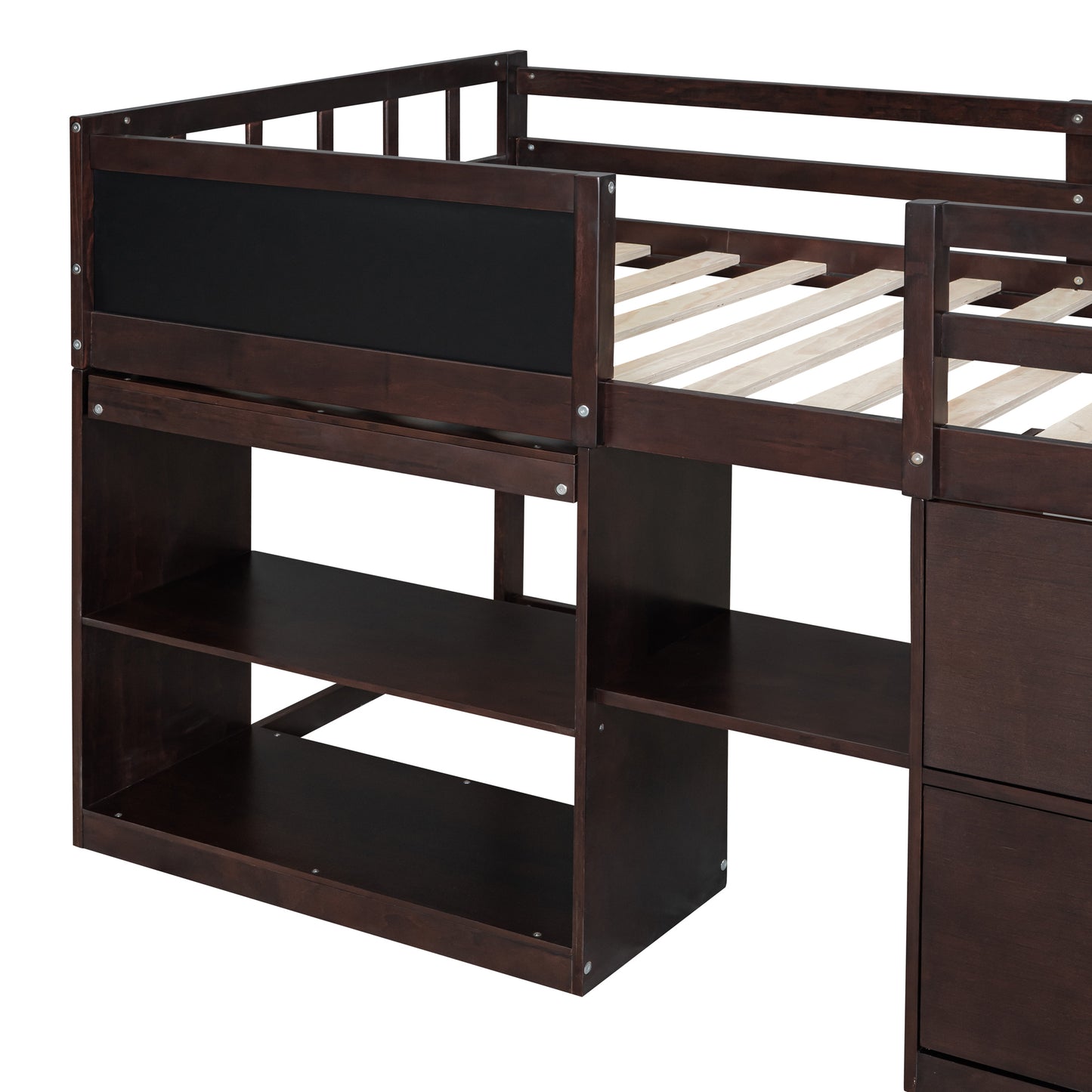 Twin Size Low Loft Bed with Rolling Desk, Shelf and Drawers - Espresso