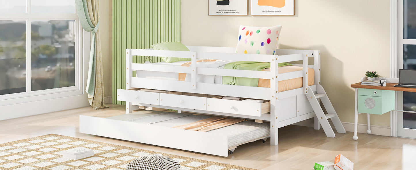 Low Loft Bed Twin Size with Full Safety Fence, Climbing ladder, Storage Drawers and Trundle White Solid Wood Bed