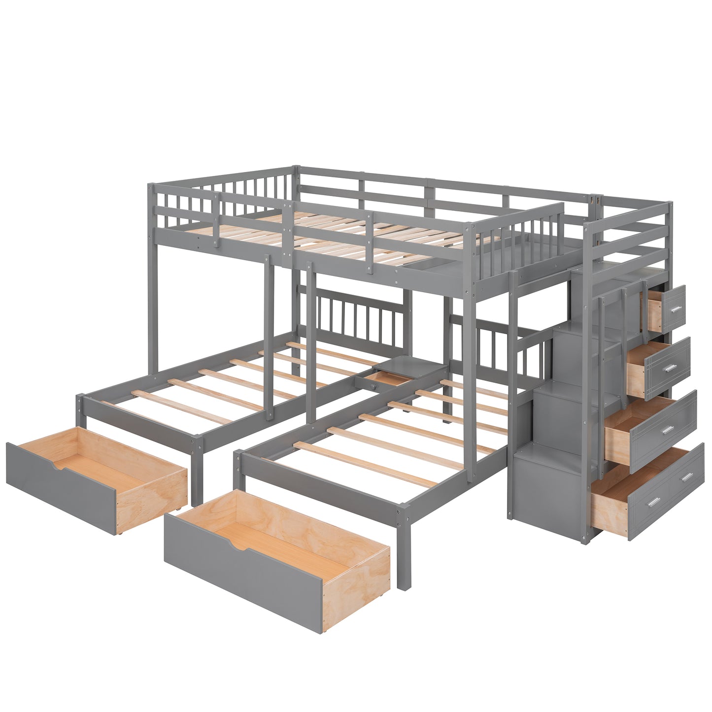 Full Over Twin & Twin Bunk Bed, Wood Triple Bunk Bed with Drawers and Guardrails (Gray)