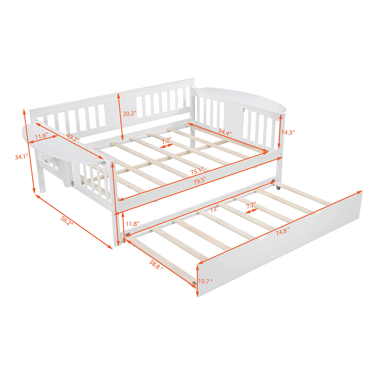 Full size Daybed with Twin size Trundle, Wood Slat Support, White