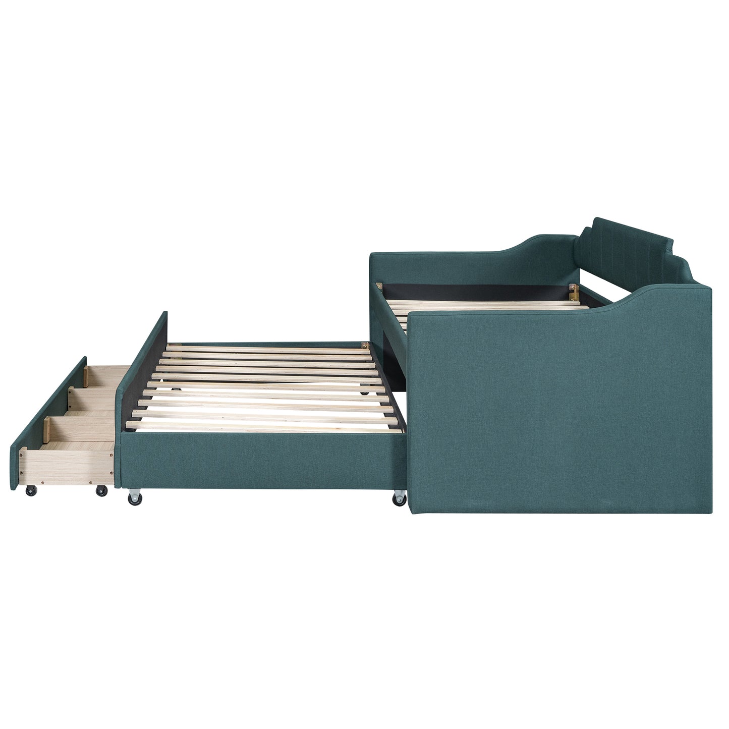Twin Size Upholstered Daybed with Trundle and Three Drawers,Green