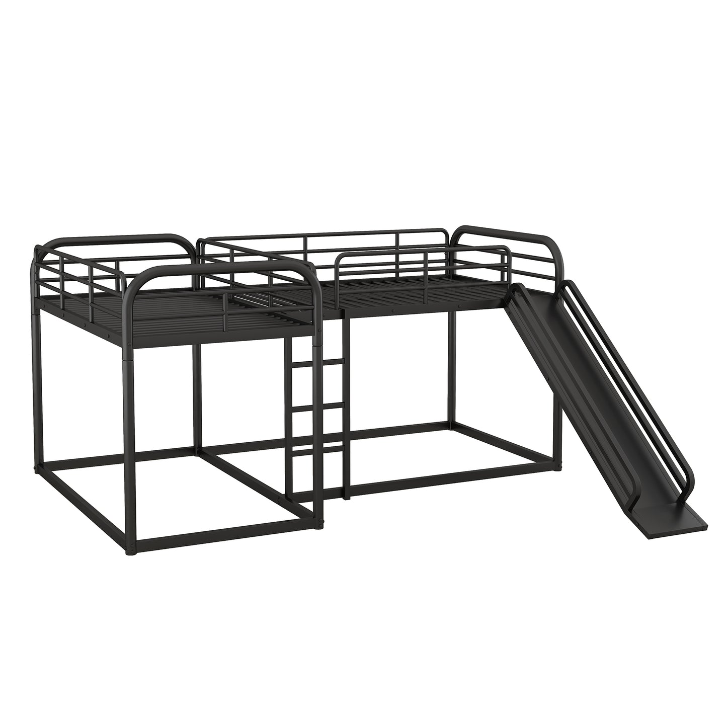 Full and Twin Size L-Shaped Bunk Bed with Slide and Short Ladder, Black
