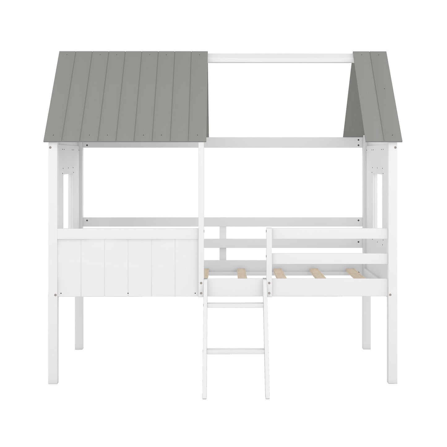 Twin Size Low Loft Wood House Bed with Two Side Windows  (White+Gray)