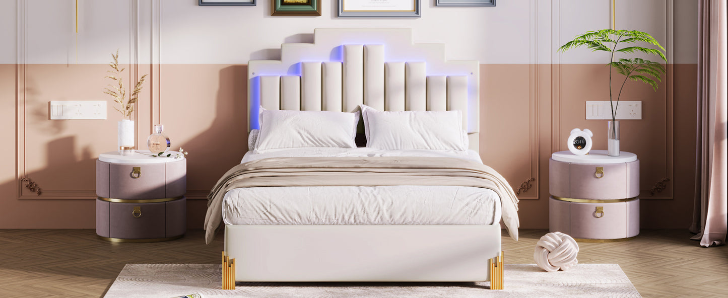 Full Size Upholstered Platform Bed with LED Lights and 4 Drawers, Stylish Irregular Metal Bed Legs Design, Beige