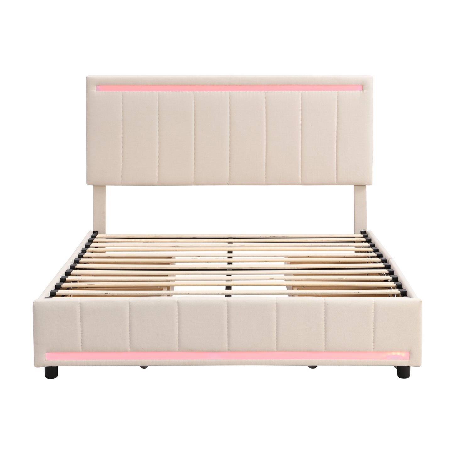 Full Size Upholstered Bed with LED Light and 4 Drawers,  Modern Platform Bed with a set of Sockets and USB Ports, Linen Fabric, Beige