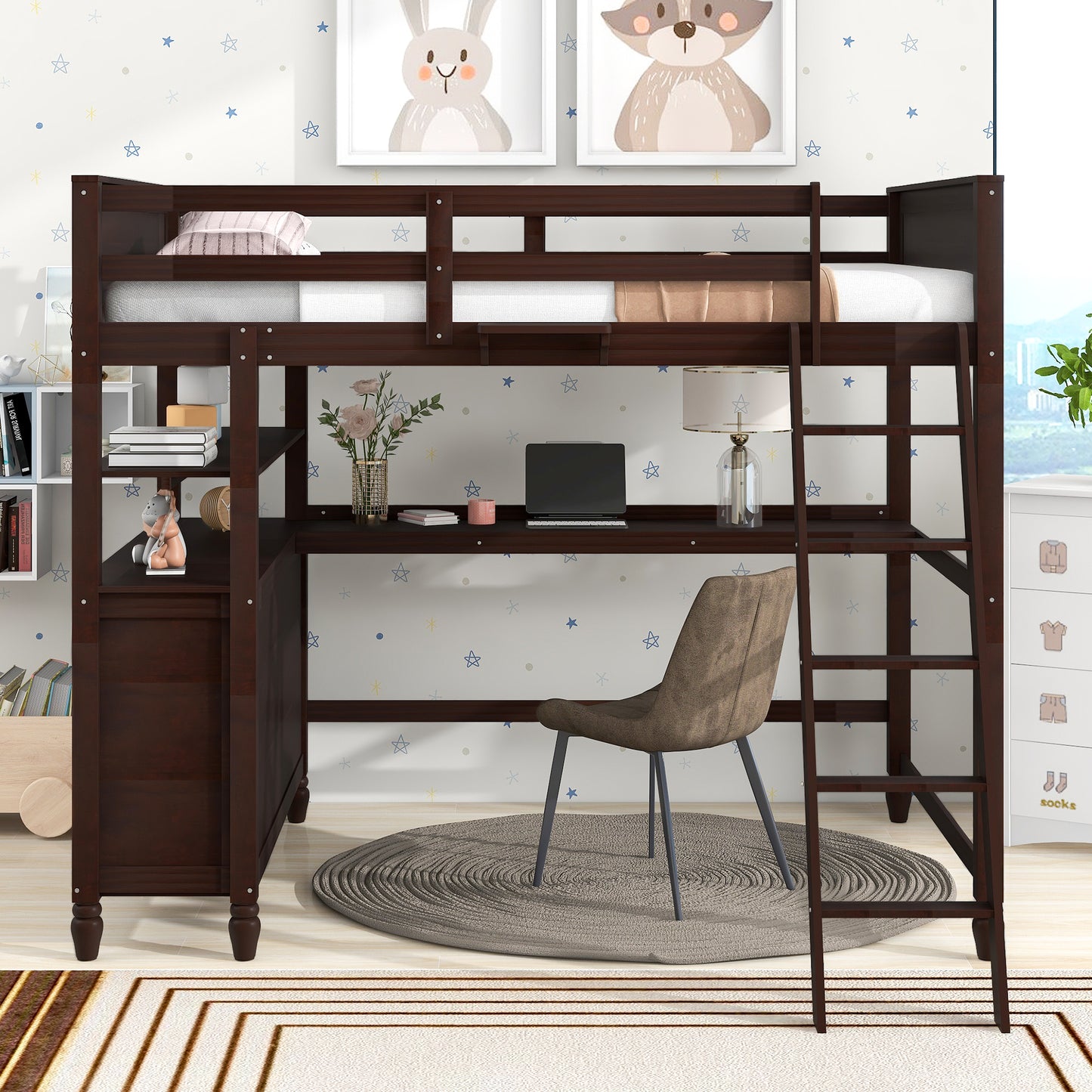 Full size Loft Bed with Drawers and Desk, Wooden Loft Bed with Shelves - Espresso