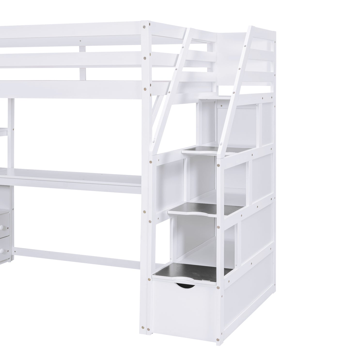 Twin Size Loft Bed with Desk and Shelves, Two Built-in Drawers, Storage Staircase, White