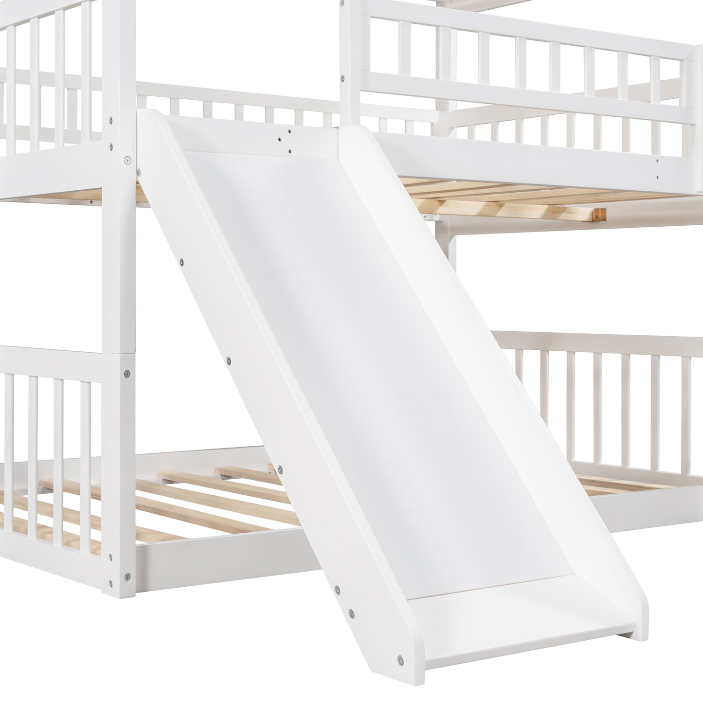 Full-Over-Full-Over-Full Triple Bed with Built-in Ladder and Slide , Triple Bunk Bed with Guardrails, White