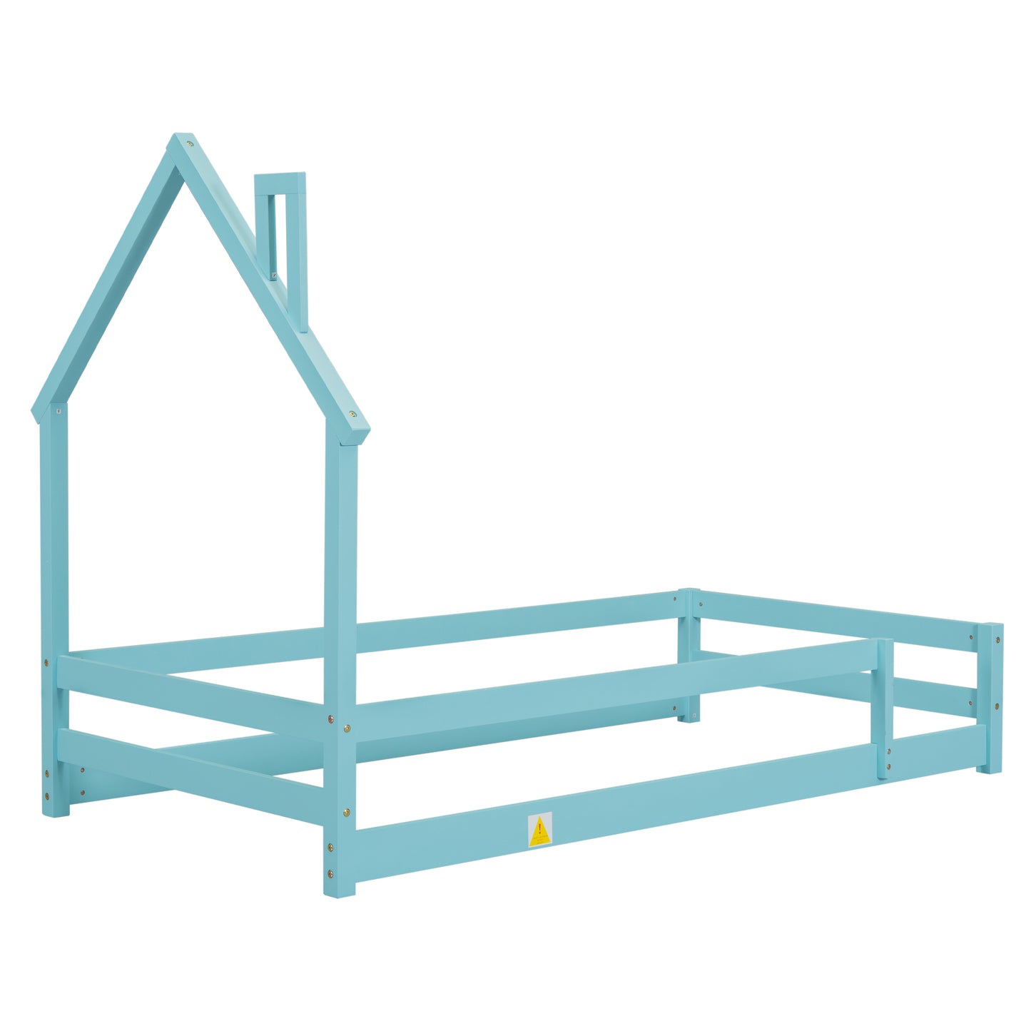 Twin Size Wood Platform bed with House-shaped Headboard Floor bed with Fences,Light Blue