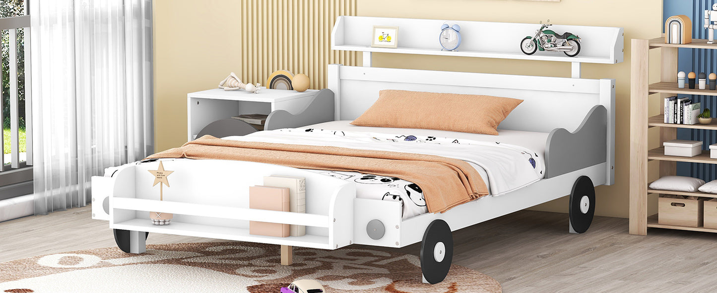 Full Size Car-Shaped Platform Bed,Full Bed with Storage Shelf for Bedroom,White