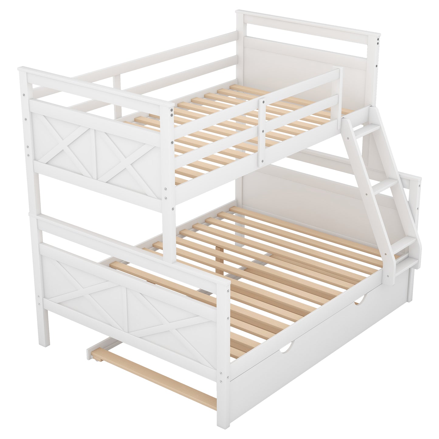 Twin over Full Bunk Bed with Ladder, Twin Size Trundle, Safety Guardrail, White