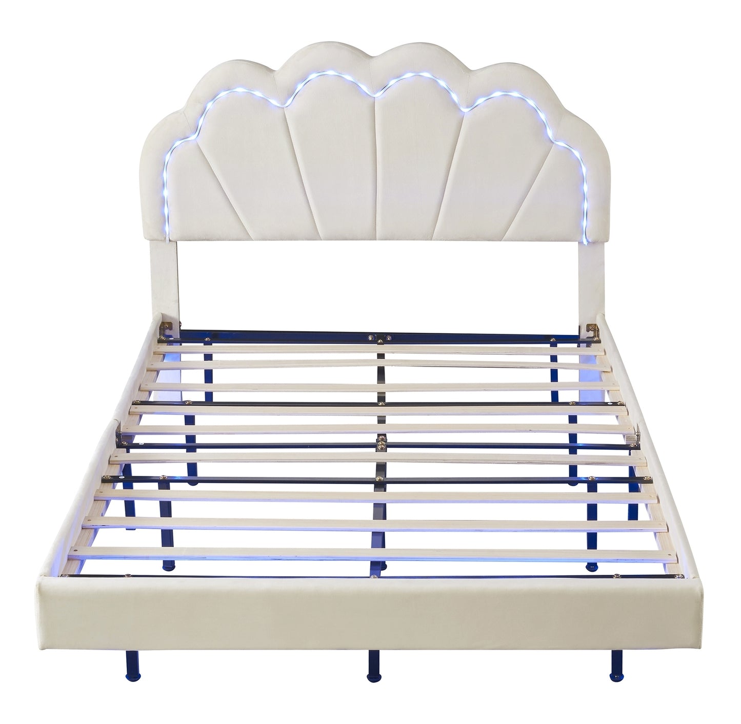 Full Upholstered Smart LED Bed Frame with Elegant Flowers Headboard,Floating Velvet Platform LED Bed with Wooden Slats Support,Beige