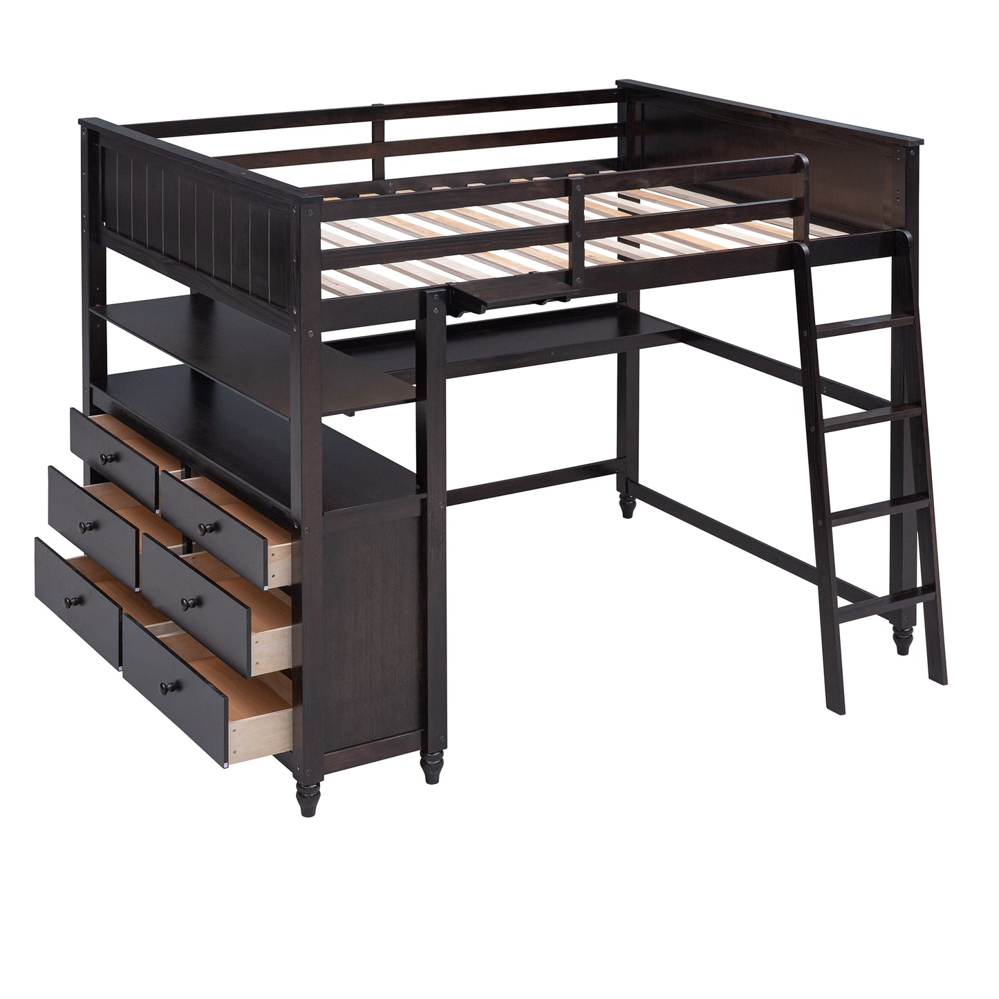 Full size Loft Bed with Drawers and Desk, Wooden Loft Bed with Shelves - Espresso