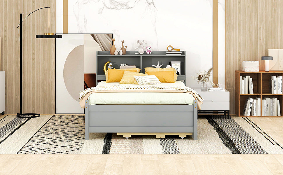 Full Size Platform Bed with USB & Type-C Ports, LED light, Bookcase Headboard, Trundle and 3 Storage Drawers, Grey