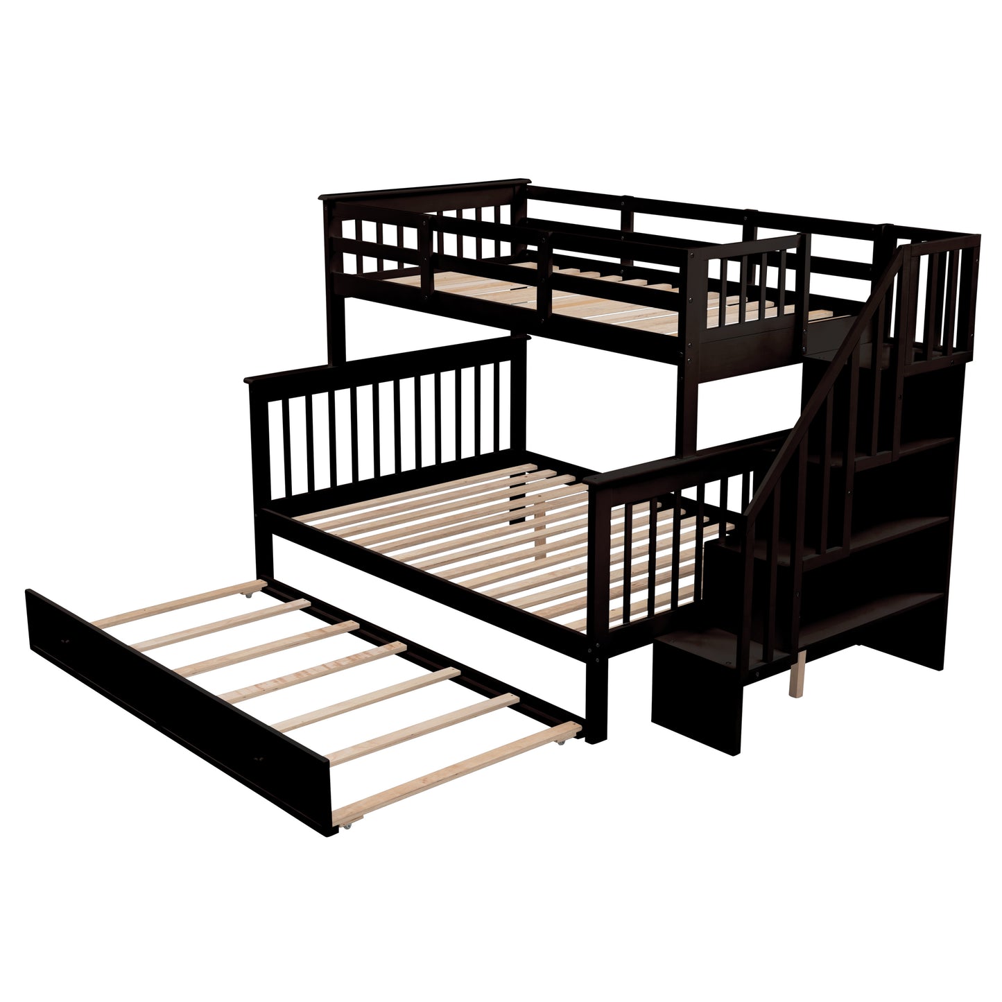 Stairway Twin-Over-Full Bunk Bed with Twin size Trundle, Storage and Guard Rail for Bedroom, Dorm, for  Adults, Espresso