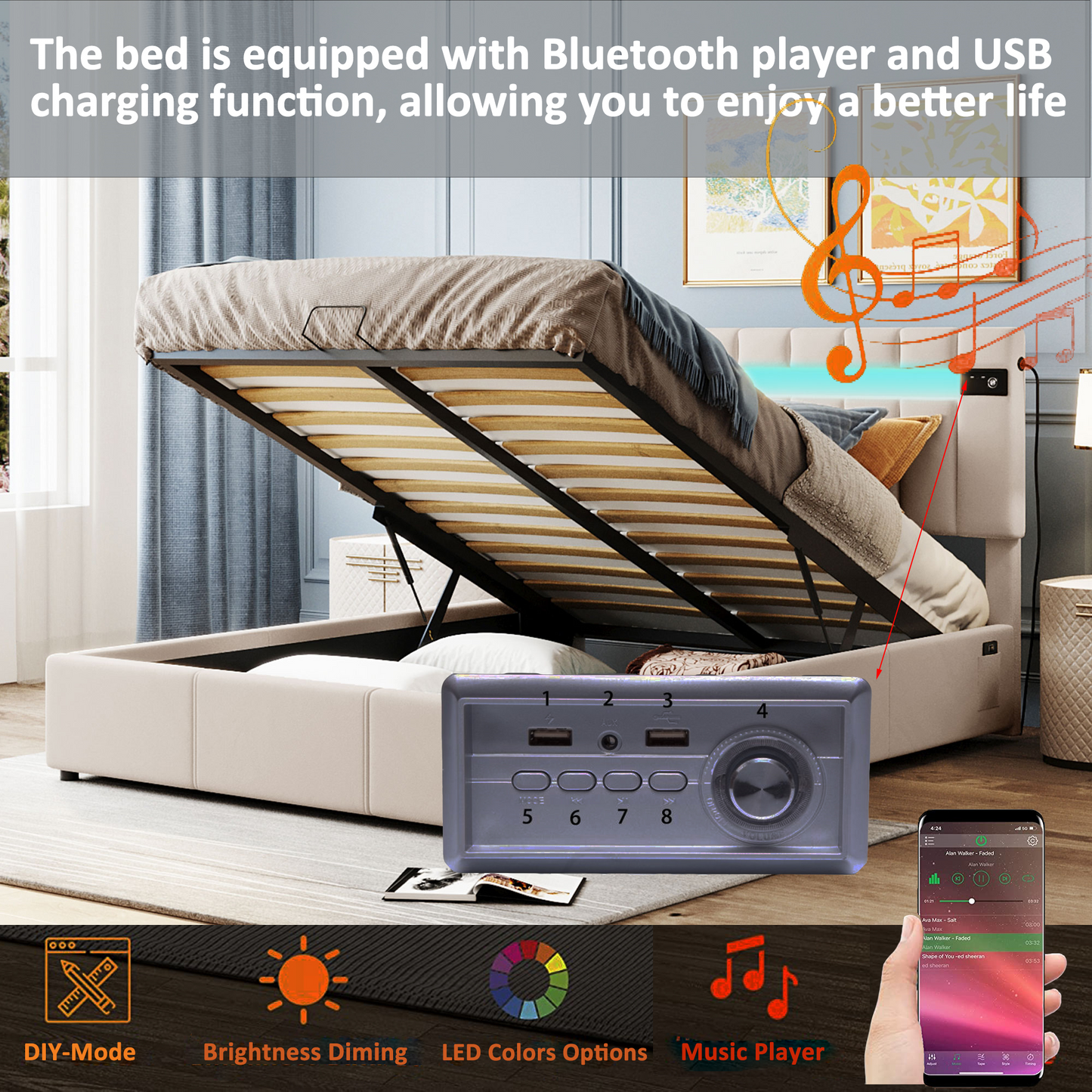 Queen Size Upholstered Platform Bed with LED light, Bluetooth Player and USB Charging, Hydraulic Storage Bed in Beige Velvet Fabric