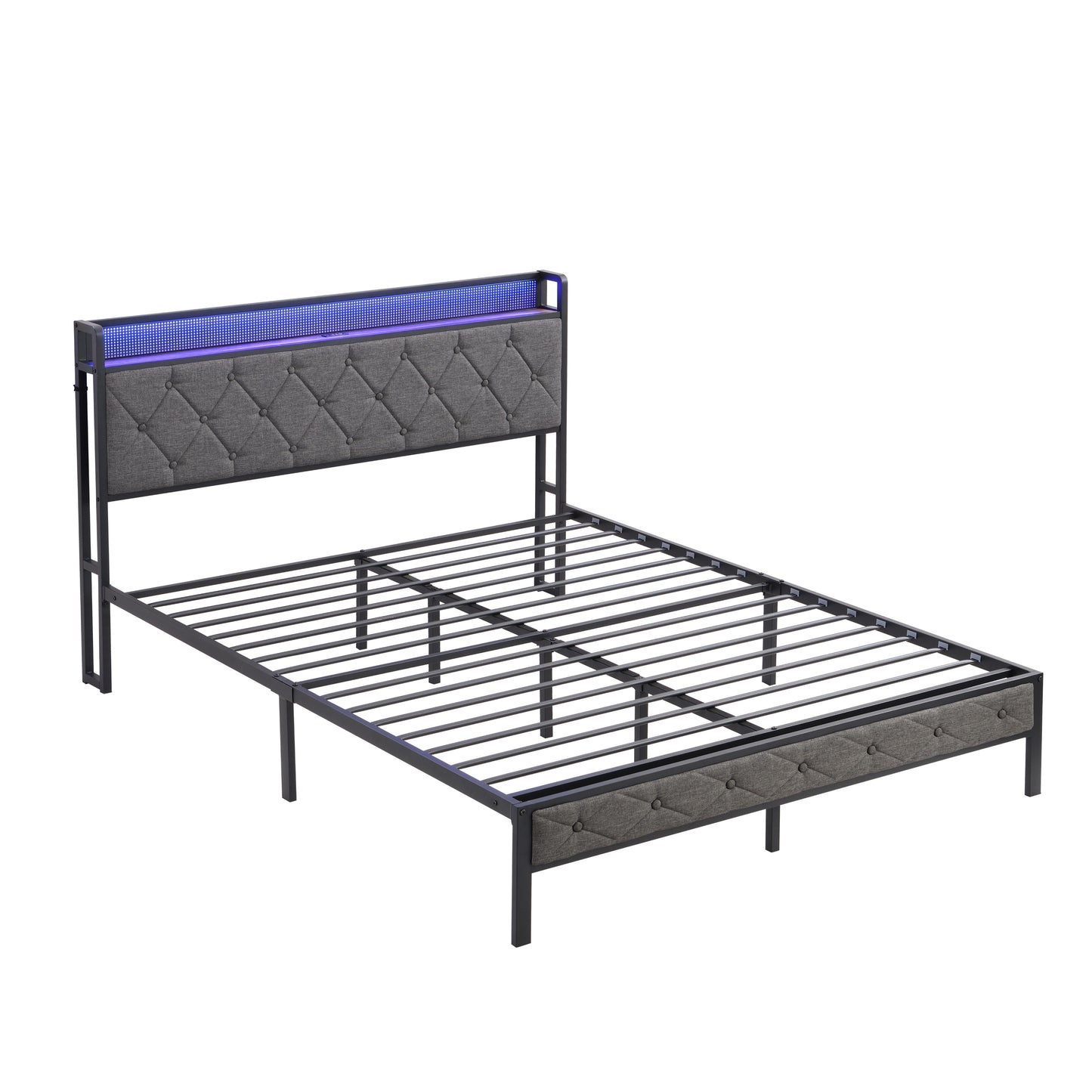 Queen Bed Frame with Storage Headboard, Charging Station and LED Lights, Upholstered Platform Bed with Heavy Metal Slats, No Box Spring Needed, Noise Free, Easy Assembly, Dark Gray
